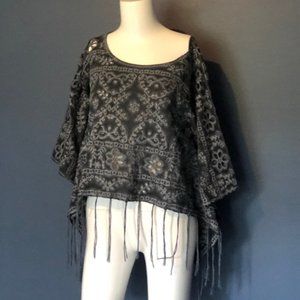 Honey Belle Fringe Embroidered Boho Poncho Top L